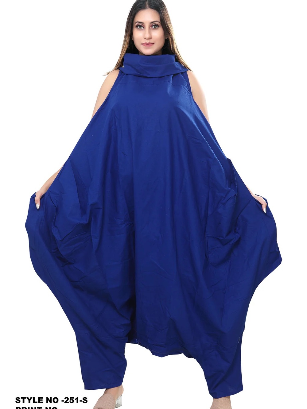 Blue Cold-Shoulder Balloon Maxi Dress